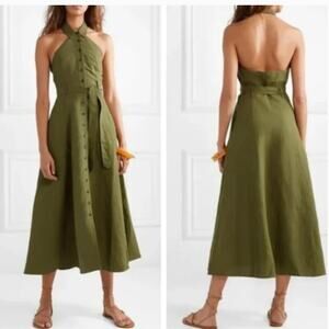 Mara Hoffman Olive Green Rosemary Halter Neck Midi Linen Dress Size 10